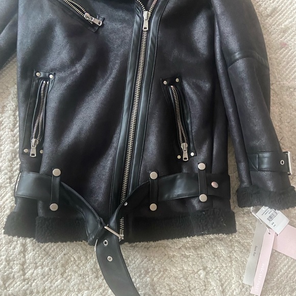 Avec Les Filles Faux Shearling Black Biker Jacket - Picture 9 of 14